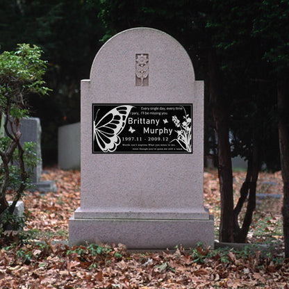 Customized Human Memorial Stone, Black Granite Human Grave Marker Butterfly